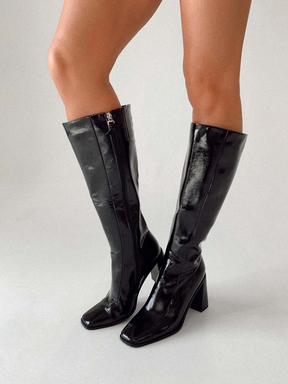 Princess Polly Black Patent Knee Boots with Block Heel